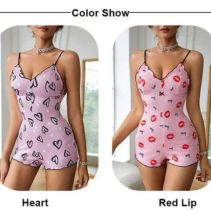 Women's Pajamas One Piece Pajamas Red Lip Printed Sleeveless Pijama Short Onesie Adults V-Neck Suspenders Funny Pajamas Bodysuit