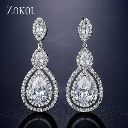 ZAKOL Luxury Water Drop Cubic Zircon Long Dangle Earrings for Women Bridal Wedding Jewelry Dress EP2114