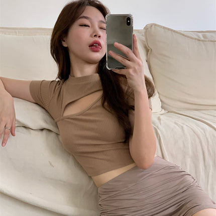 T Shirt Women Summer Hollow Crewneck Cropped Tops Irregular Tight Fitting Short Sleeve