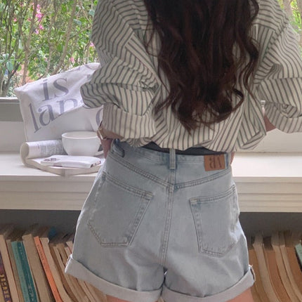 Spring Autumn Striped Blouses Long Sleeve Single-breasted Pocket Women Shirts Tops