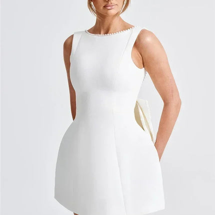 Mozision Pearl Bow Backless Sexy Mini Dress For Women Robe Fashion Zipper Sleeveless High Waist A-line Club Party Dress Elegant