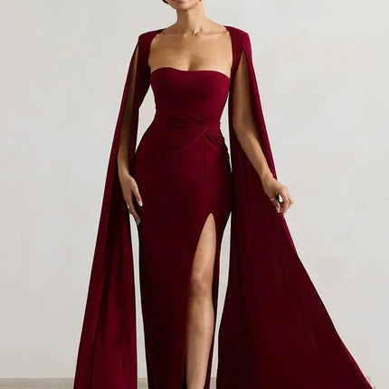 Mozision Long Cape Sleeve Split Maxi Dress For Women Gown Fashion Solid Square Collar Evening Sexy Long Dress Elegant New