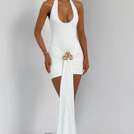 Mozision Metal Flower Draped Ruched Sexy Mini Dress Women Robe Fashion Halter Backless Sleeveless Bodycon Club Party Dress New