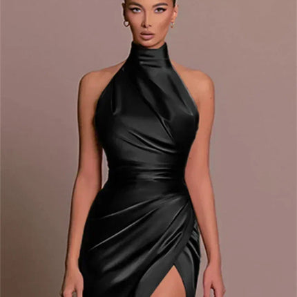 Ladies Summer Satin Evening Birthday Party Dresses Women Sleeveless Backless Halter Side Slit Elegant Long Dress Mowan Clothes