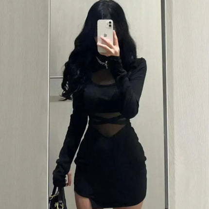 Pile Up Sleeves New Sexy Black Fishbone Dress Personalized Slim Women Dress Thin Gauze Perspective Wrap Around Buttocks  F8Q3