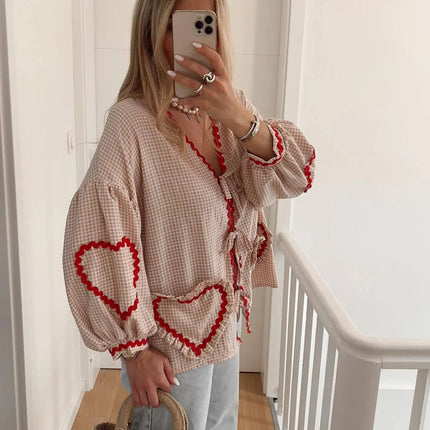 Heart Pockets Ladies V Neck Bow Buttons Blouses