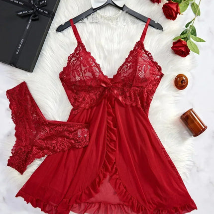 Sexy Lingerie Set Women Erotic Bra Nightdress Sexy Lace Sleepwear Solid Slim Soft Dresses V Neck Full Slip Sleepwear & Dresses