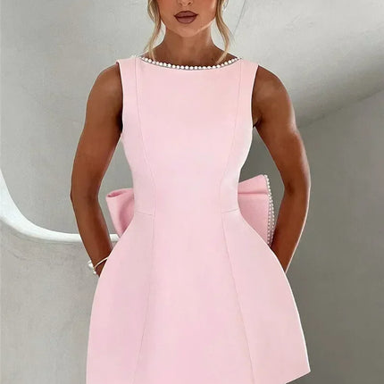 Mozision Pearl Bow Backless Sexy Mini Dress For Women Robe Fashion Zipper Sleeveless High Waist A-line Club Party Dress Elegant