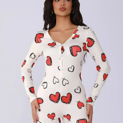 Ladies one-piece bodysuit sexy hot girl pajamas heart digital print short-sleeved set shorts home wear