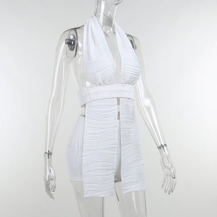 White Deep V-neck Halter Bandage 2 Pieces Sets Sleeveless Backless Suits Outfits with Shorts