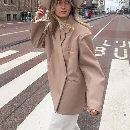 Women's V-Neck Side-Buttoned Suit Jacket Long Sleeve Solid Color Coats Pocket Cuffs Oversize Tops High Street Female Clothes