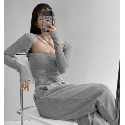 Cropped Tops Women Square Collar Slanted Shoulder Straps Halter Neck Long Sleeve T-shirt