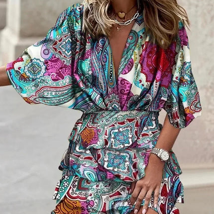 Women Fall V-Neck Loose Batwing Hafl Sleeve Print Dress Fashion Elegant Lace-up Ruffle Beach Mini Dresses Casual Streetwear 2024