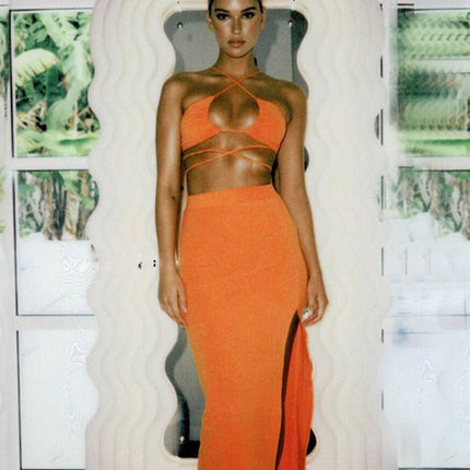Cryptographic Bandage Cut Out Sexy Halter Neck Top and Skirts Set Gathered Elegant