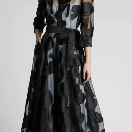 Elegant Three-Quarter Sleeve Knotted Waist Jacquard Mesh Maxi Dress for Women No Lining Transparent Club Party Long Dress