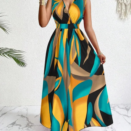 Women's sleeveless V-neck floor-length dress with abstract prints - fashionable for beach and casual occasions
