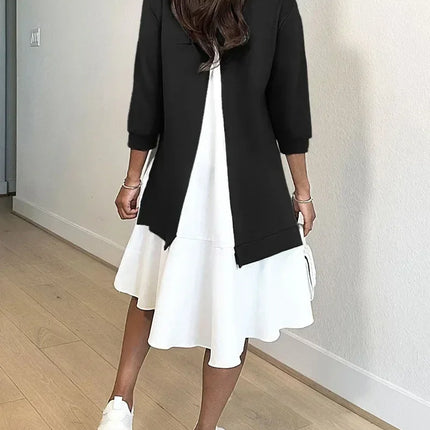 Spring Women O-Neck Long Sleeve Loose Mini Dress Autumn Vintage Sweatshirt Dresses Casual Fashion Patchwork Ruffles A-Line Dress
