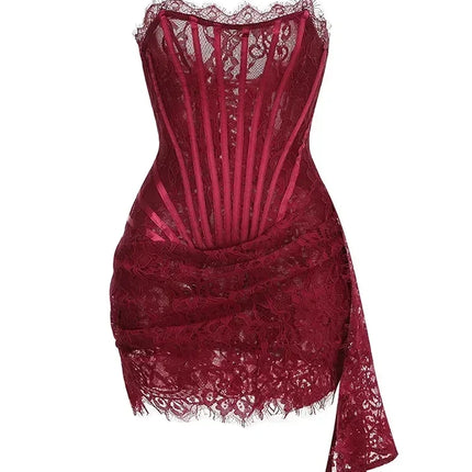 TARUXY Sexy Lace See-through Patchwork Corset Dress Female Bodycon Elegant Party MIrrgualr Mini Dress Women Tube Top Dress New