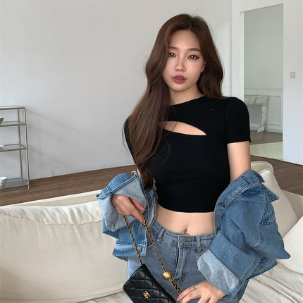 T Shirt Women Summer Hollow Crewneck Cropped Tops Irregular Tight Fitting Short Sleeve