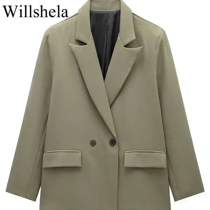 Willshela Women Fashion With Pockets Solid Double Breasted Blazer Vintage Long Sleeves Notched Neck Female Office Lady Outfits