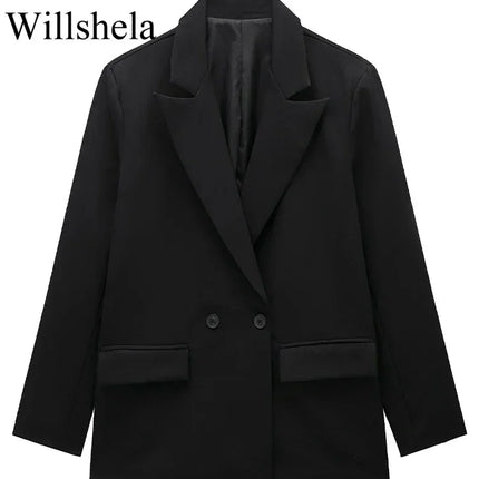 Willshela Women Fashion With Pockets Solid Double Breasted Blazer Vintage Long Sleeves Notched Neck Female Office Lady Outfits