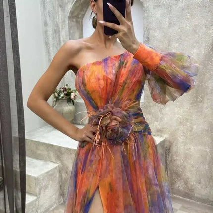 Elegant Oblique Shoulder Single-sleeve  Zipper High Slit Mesh Long Dress For Women Fashion Flower Decoration Party Dress Female