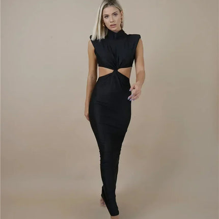 Mozision Hollow Out Turtleneck Sexy Maxi Dress For Women Fashion Solid Sleeveless Bodycon Tank Dresses Femme Club Party Dress