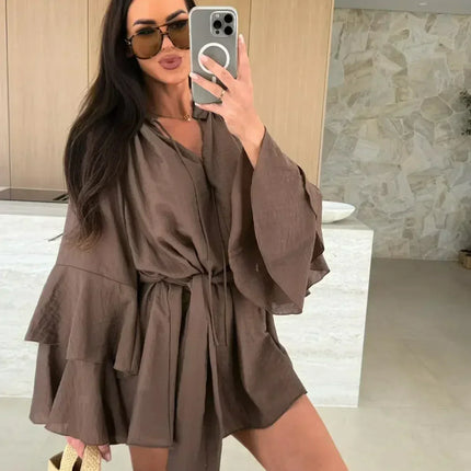 Elegant Fold Dress Women Brown Deep V-neck Long Sleeve Mini Dresses Female 2025 Spring Summer Fashion Loose Lady Vestidos
