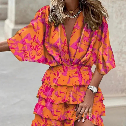 Women Fall V-Neck Loose Batwing Hafl Sleeve Print Dress Fashion Elegant Lace-up Ruffle Beach Mini Dresses Casual Streetwear 2024