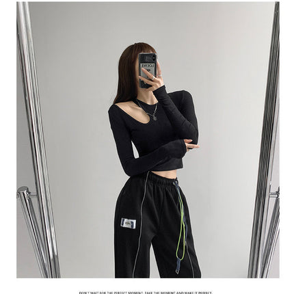 Hollow T-shirt Women Fashion Slim Y2K Cropped Tops Off Shoulder Long Sleeve Tees Woman