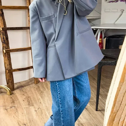 Women's V-Neck Side-Buttoned Suit Jacket Long Sleeve Solid Color Coats Pocket Cuffs Oversize Tops High Street Female Clothes