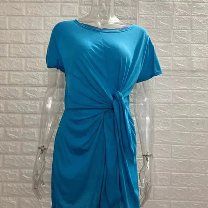 Dress Women Summer O-neck Short Sleeve Asymmetrical Lace Up Waist Solid Color Dresses 2022 Casual Vestidos Dropshipping JQMY9675