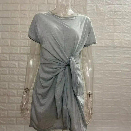 Dress Women Summer O-neck Short Sleeve Asymmetrical Lace Up Waist Solid Color Dresses 2022 Casual Vestidos Dropshipping JQMY9675