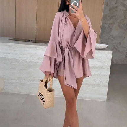 Elegant Fold Dress Women Brown Deep V-neck Long Sleeve Mini Dresses Female 2025 Spring Summer Fashion Loose Lady Vestidos