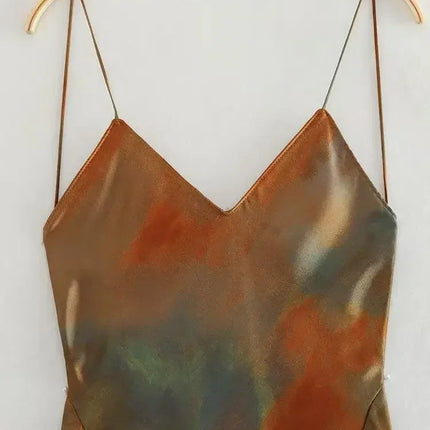 2025 Summer New Women's Open Back Sleeveless Dress Fashion Satin Mid Length Dress Printed Sexy V Neck Sling Dress