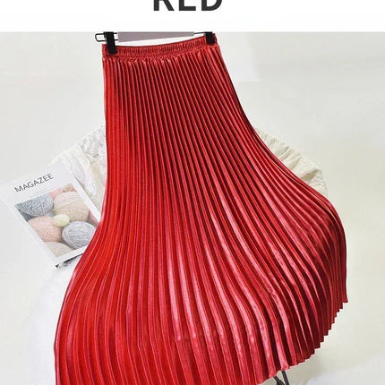 Classic Golden Velvet Pleated Skirt High Waist Retro Style Fashion Office Lady Pleated Long Skirt Winter Velvet Skirt 90cm Long