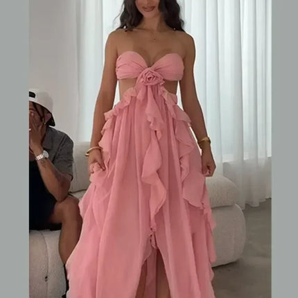 Chic Women Spring Hollow Out 3d Flower Ruffled Hem Long Dress Elegant Off Shoulder Backless Robe 2025 New Lady Street Party Gown