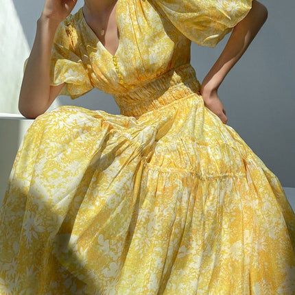 V-neck Elastic Waist Ladies Floral Printed Dress Spring Summer Vintage Puff