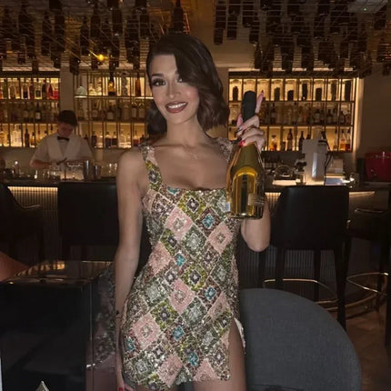 Colorful Rhombus Sequins Sexy Mini Dress Elegant Chic Straps Slit Bodycon Party Dresses Summer Holidays Evening Women Dress 2025