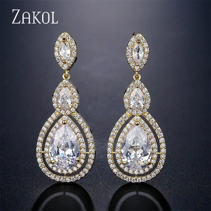 ZAKOL Luxury Water Drop Cubic Zircon Long Dangle Earrings for Women Bridal Wedding Jewelry Dress EP2114