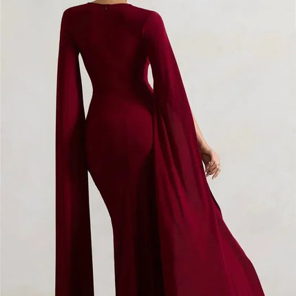 Mozision Long Cape Sleeve Split Maxi Dress For Women Gown Fashion Solid Square Collar Evening Sexy Long Dress Elegant New
