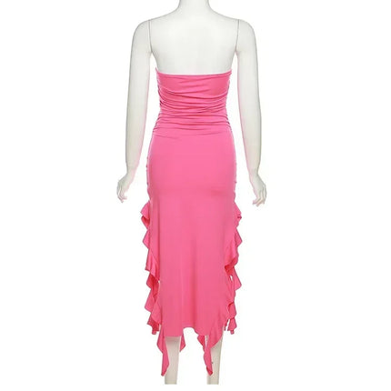 Cryptographic Irregular Ruffle Off Shoulder Sexy Backless Midi Dress for Women Elegant Birthday Vestido Summer Sundresses Ruched