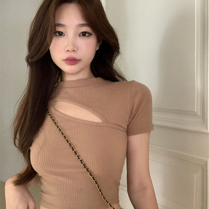 T Shirt Women Summer Hollow Crewneck Cropped Tops Irregular Tight Fitting Short Sleeve