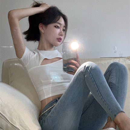 T Shirt Women Summer Hollow Crewneck Cropped Tops Irregular Tight Fitting Short Sleeve