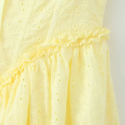 YENKYE Sexy Elegant Women Hollow Out Embroidery Yellow Sling Mini Dress Low Waist Lace Up Bandage Party Dresses Birthday Robe
