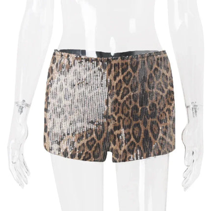 WhereMery Retro Leopard Print Seguins Shiny Chic Short Pants Y2K Spring Women's Fashion Night Club Streetwear Women Mini Bottoms