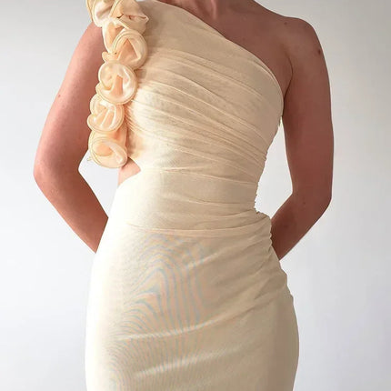 Articat Elegant Sleeveless Slant Shoulder Flower Dress Women Spring/Summer 2025 Sexy Mesh Wrap Hip Dress Party Evening Dress