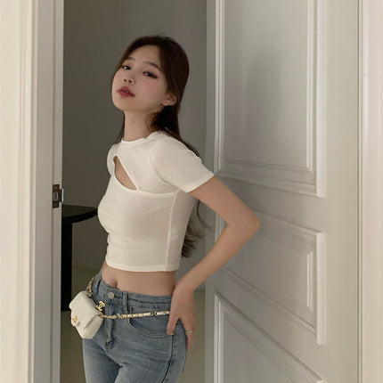 T Shirt Women Summer Hollow Crewneck Cropped Tops Irregular Tight Fitting Short Sleeve