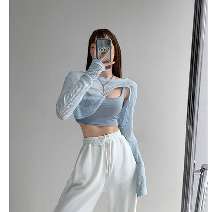 Hollow Smock T Shirt Women Summer Thin Irregular Long Sleeve Knitted