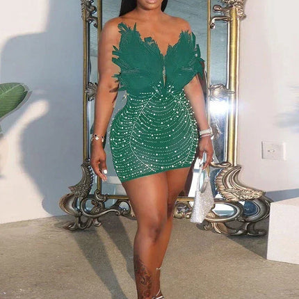 Znaiml Sexy Feathers Rhinestones Backless Diamond Sheer Mesh Bodycon Dresses for Woman Rave Club Birthday Party Night Vestidos